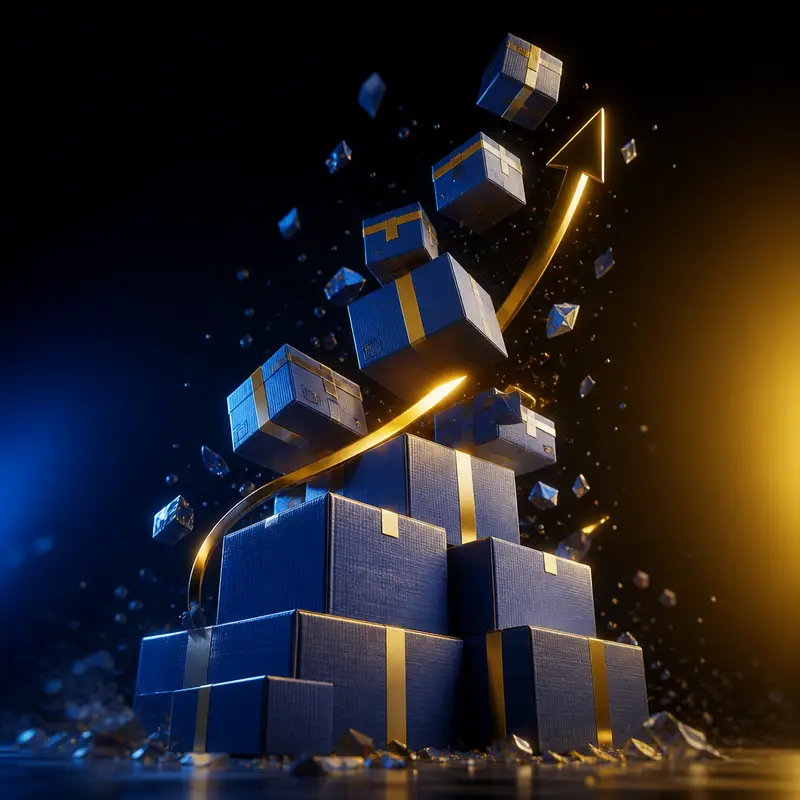 3D rising marketplace boxes and gold growth ribbon